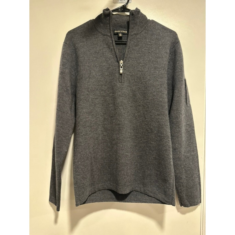 Structure Classic Minimalist Quarter Zip Wool Pullover Sz:M Gray Mock Neck Knit